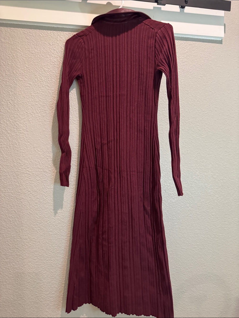 Long-Sleeve Burgundy Ribbed Button-Front Dress - Picture 3 of 5